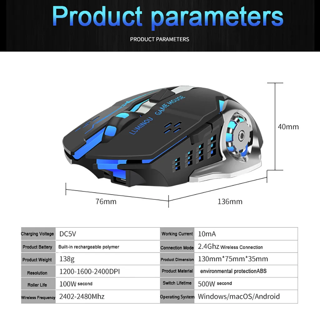 Rechargeable 2.4Ghz Wireless Mouse Silent Illuminated Mechanical Mouse USB Gaming Mouses 2400dpi 7 Colors Raton Inalambrico