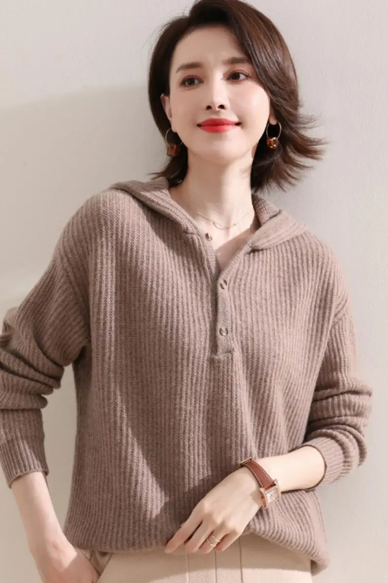 

Rongmeifan high end women's wear Korean women's hooded collar sweater solid color one size loose casual knitted sweater