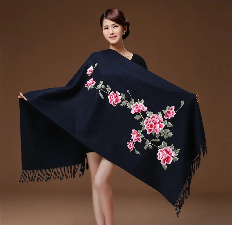navyblue Для женщин кашемировые шарфы платье с цветочным узором и вышивкой из пашмины 200*70 см длинные мягкие палантины теплые Женская зимняя обувь шали - Цвет: navyblue