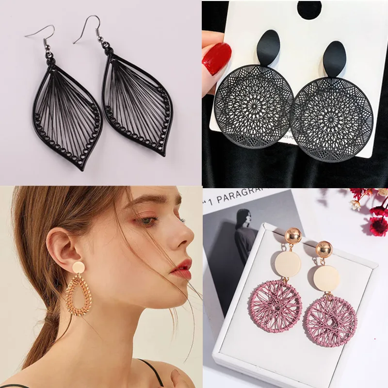 

Multiple New Fashion Handmade Wooden Straw Weave Rattan Vine Braid Geometric Long Drop Earrings for Women Girl Ear Jewelry