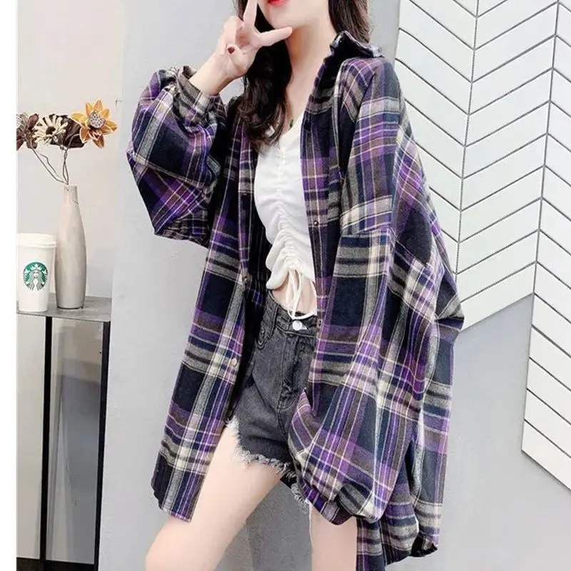 

2021 New Plaid Shirt Women Retro Blouse Women Long-sleeved mid-length Plaid Shirt Purple Top Korean Fashion camisas para mujer