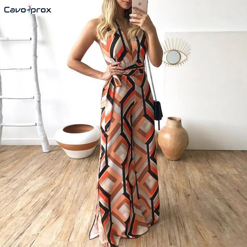 Женский красочный комбинезон с геометрическим принтом разрезом широкими