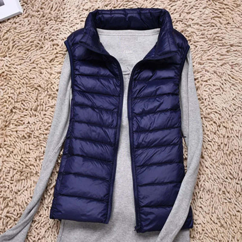 Women Sleeveless Vest Autumn Winter Warm Ultra Light White duck down Jacket Female Slim Veats Stand Collar Waistcoat