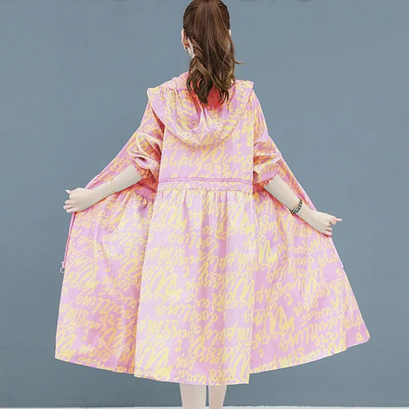 

UHYTGF New Summer Jacket Women Fashion Printed Ice Silk Thin Sun Protection Clothing Female Hooded Breathable Plus Size Coat1638