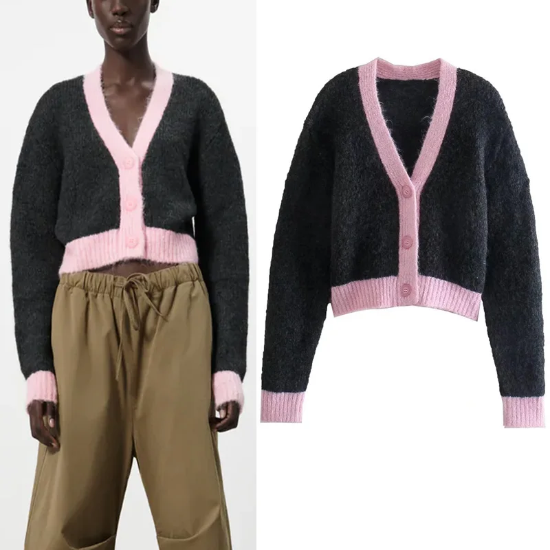 

Za Knitting Woman's Black Cardigan Coat Fashion V-neck Chic Button Pullover Vintage Splicing Color Street Oversized Warm Sweater