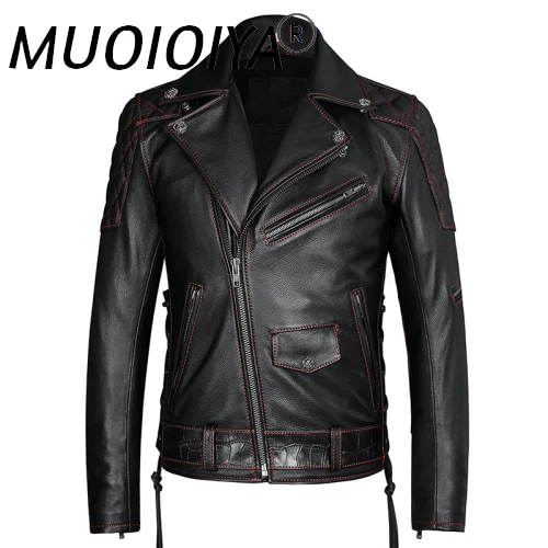 

MUOIOYIA 2022 Men's Genuine Leather Jacket Men Cowhide Mens Jackets and Coats Autumn Spring Biker Motorcycle Jacket Men KJ5102