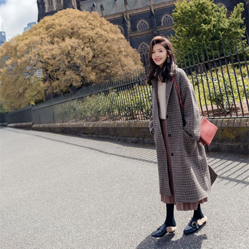 

Winter Women Plaid Windbreaker Woolen Coat Female Middle Long New Houndstooth Female Long Coat