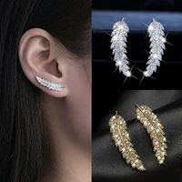 luxury elegant feather angel wings silver stud earring for female cubic zirconia crystal party wedding earrings