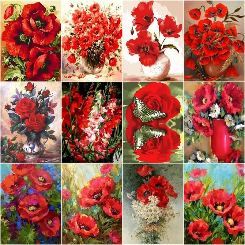 

GATYZTORY Painting By Numbers Red Flower HandPainted Paintings Art Drawing On Canvas Gift Pictures By Numbers Kits Home Decorati