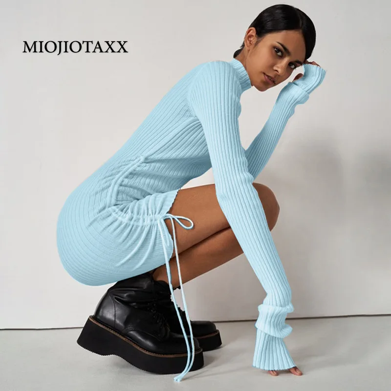 

MIOJIOTAXX 2021 Spring Autumn New High Collar Self-cultivation Drawstring Show Thin Buttock Wrapping Y2k Mini Dress for Women