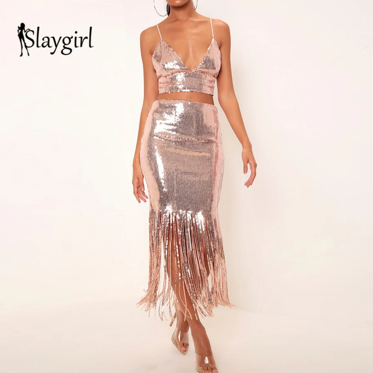 Slaygirl, сексуальный женский комплект 2 шт. с блестками и кисточками, летний комплект из двух предметов на тонких бретельках, элегантные вечерние облегающие Женские Клубные комплекты