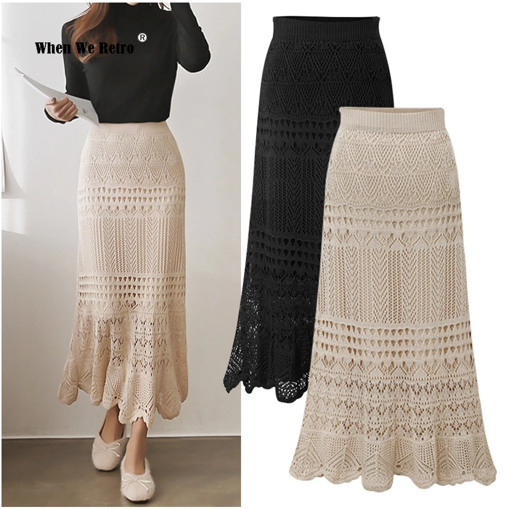 

Summer Autumn Elegant Ladies Knitting Long Slim Skirts Women Hollow Out Elastic High Waist Korean Black Khaki Skirt VD2219