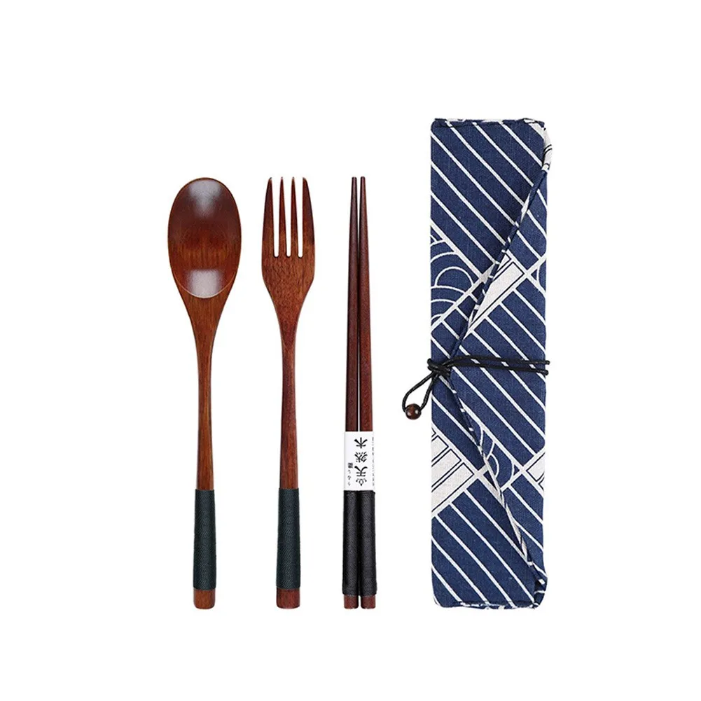 

Japanese And Korean Wooden Chopsticks, Spoons, Forks, Portable One-person Picnic Tableware, Three-piece Cloth Bag Set