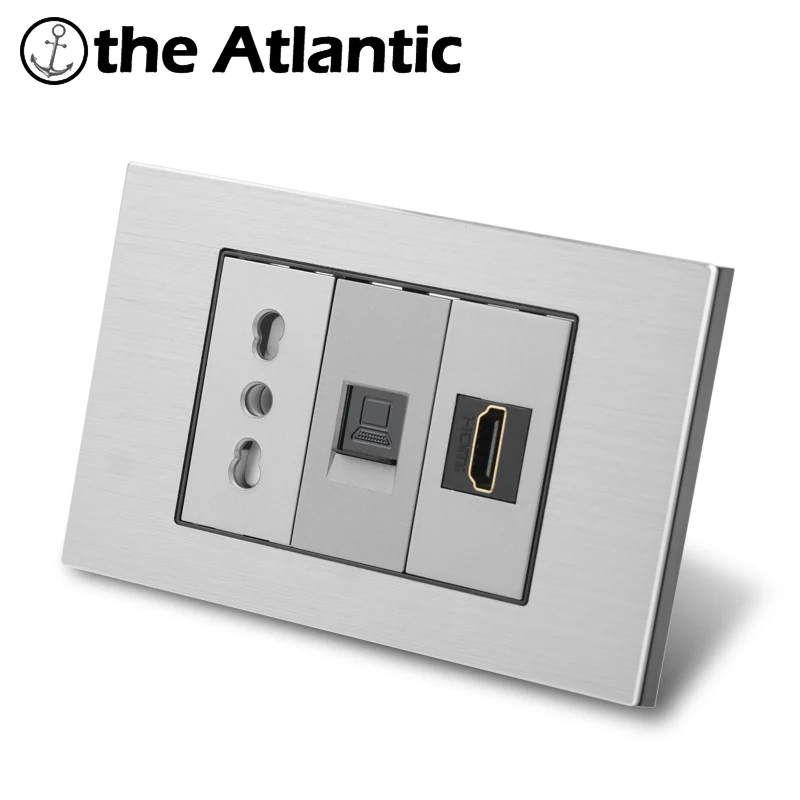 Розетка Италии Чили 3 контакта с питанием TV RJ45 HDMI 2Pin USB Data Switch серебристый металлический серый EU Outlet 118 Type on.