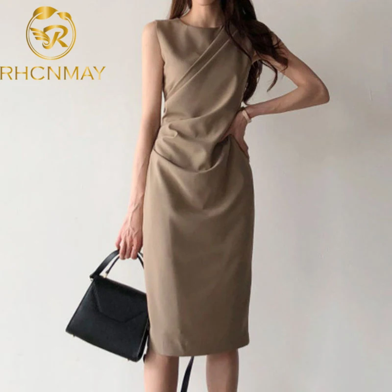

2020 Summer New Fashion OL Dress Elegant Sleeveless Tank High Waist Slim Korean Dresses Office Ladies Causal Vestidos