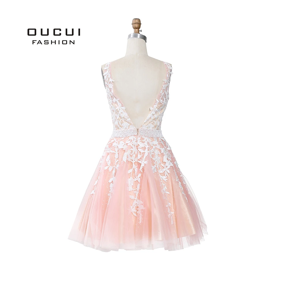 Short dress blush Кружевные аппликации Формальные Вечерние платья с v-образным вырезом Длинные вечерние платья трапециевидной формы винтажные платья для выпускного вечера Vestido OL103201 - Цвет: Short dress blush