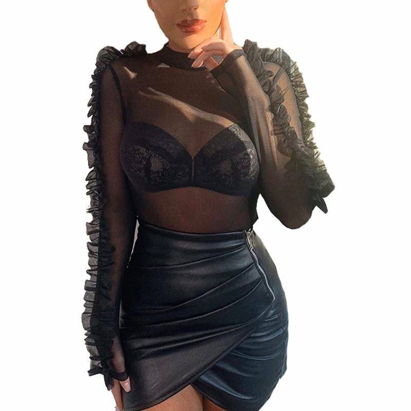 Женский сексуальный комбинезон с оборками и длинным рукавом прозрачный