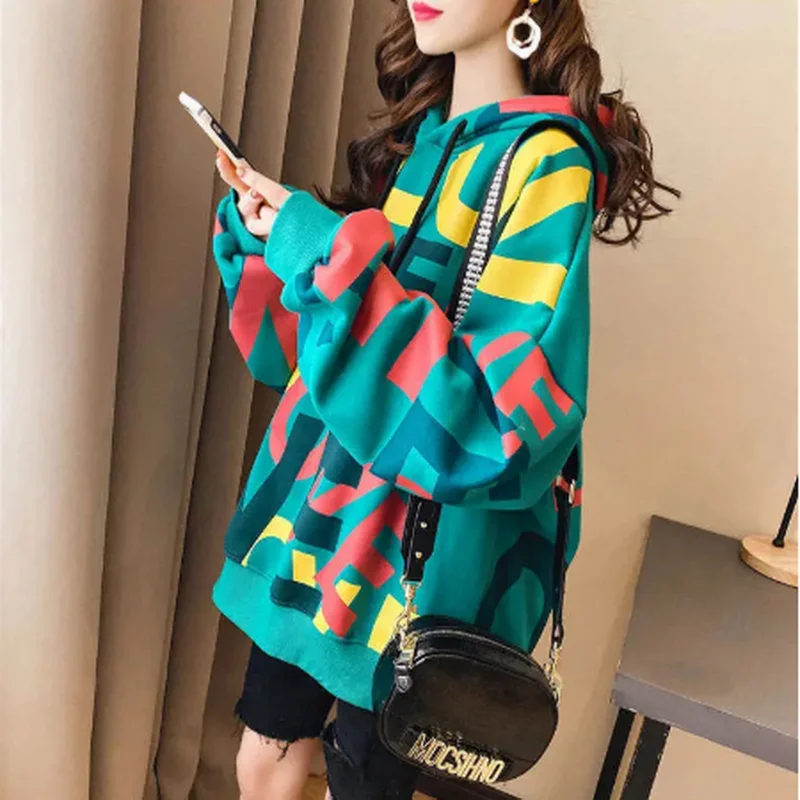 

QRWR Korean Women Hoodie Sweatshirts 2020 Winter Casual Fleece Oversized Hoodies Loose Letter Printing Thicken Hoodies for Girls