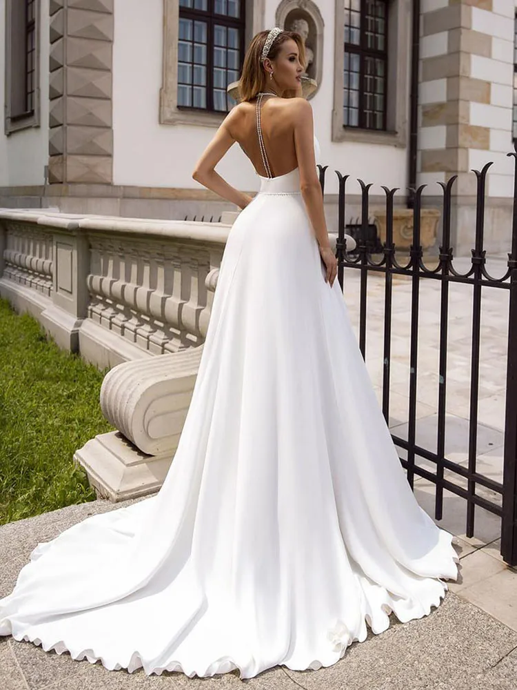 

Hi Shy Bride New simple wedding dress backless sleeveless design chiffon lace bride dresses princess dress plus size tailor-made