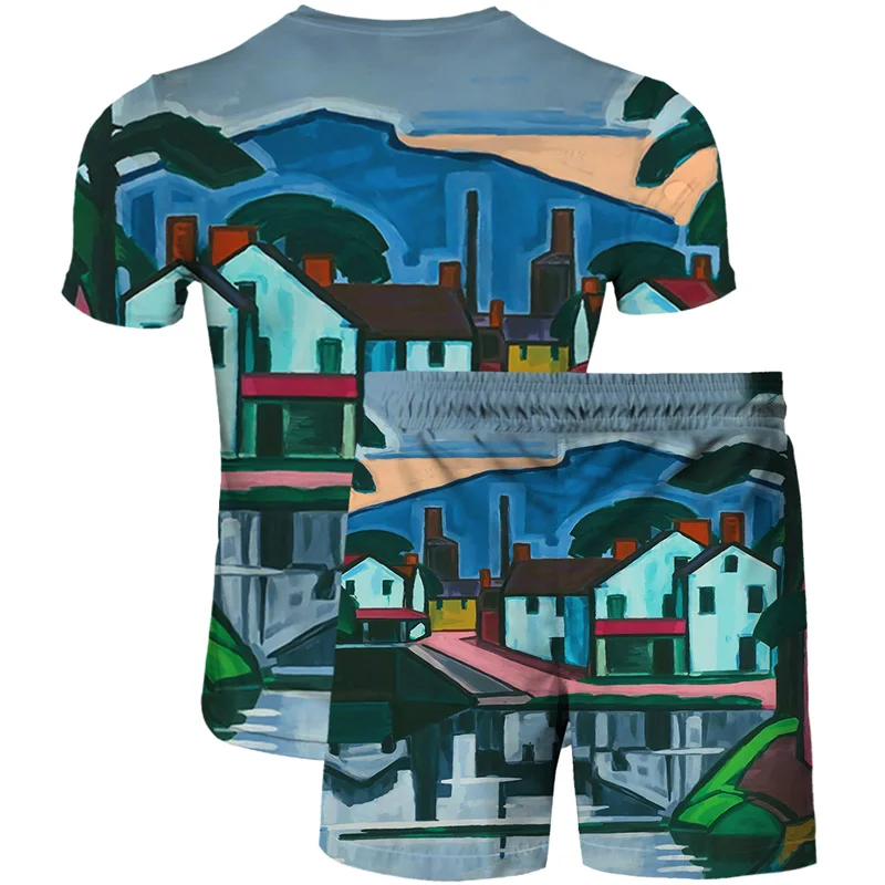 

Architectural elements 3D printing summer new men's and women's same T-shirt + shorts fashion boutique two-piece beach pants