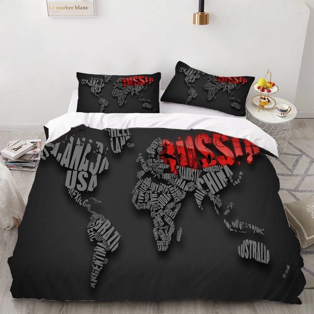 

2/3 Piece World Map Bedding Set Cartoon Black/Blue/Yellow Duvet Cover For Bedroom Bed Quilt Cover For Kids Adults Bed Cover Set