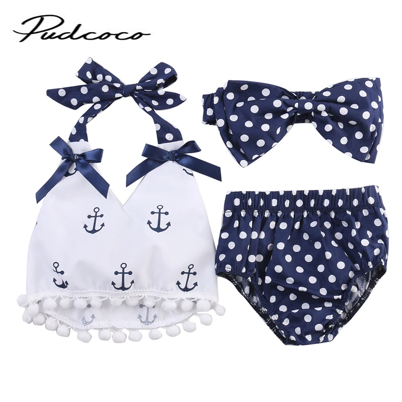 

Rompers Clothes Sets Anchors Bow Top+Polka Dot Briefs+Head band 3pcs Sleeveless Outfits Set Summer Fashion Baby Girls