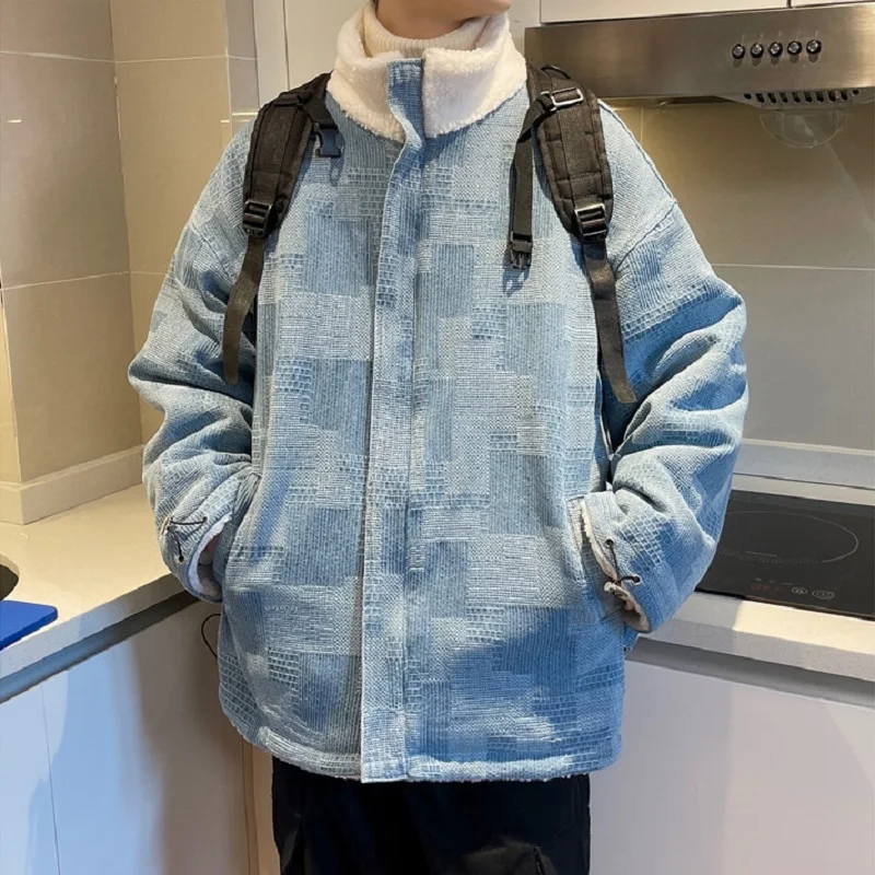 Denim Stitching Cotton Jacket Men's Retro Plus Velvet Thickening Imitation Lamb Wool Coat Tide Brand Ins Loose Winter Coat