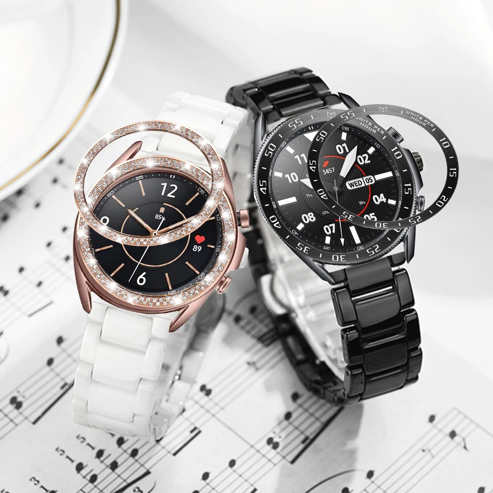 

for samsung galaxy watch 3 41mm 45mm bezel ring with luxury ceramic band for galaxy watch 3 strap + bezel loop women men lovers