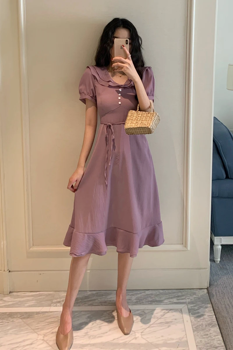 

COIGARSAM French Style Solid Women dress Summer Ruffled Dresses Pink Purple 36872