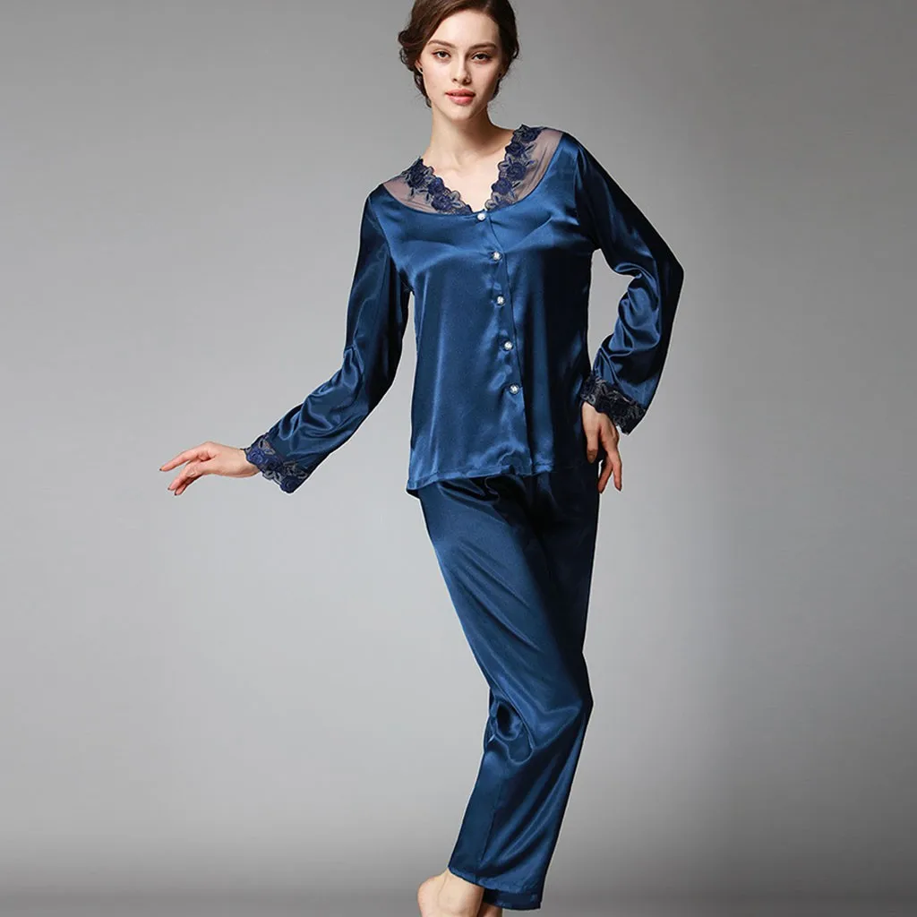 Шелковая атласная Женская пижама пижамный комплект с длинным рукавом одежда для