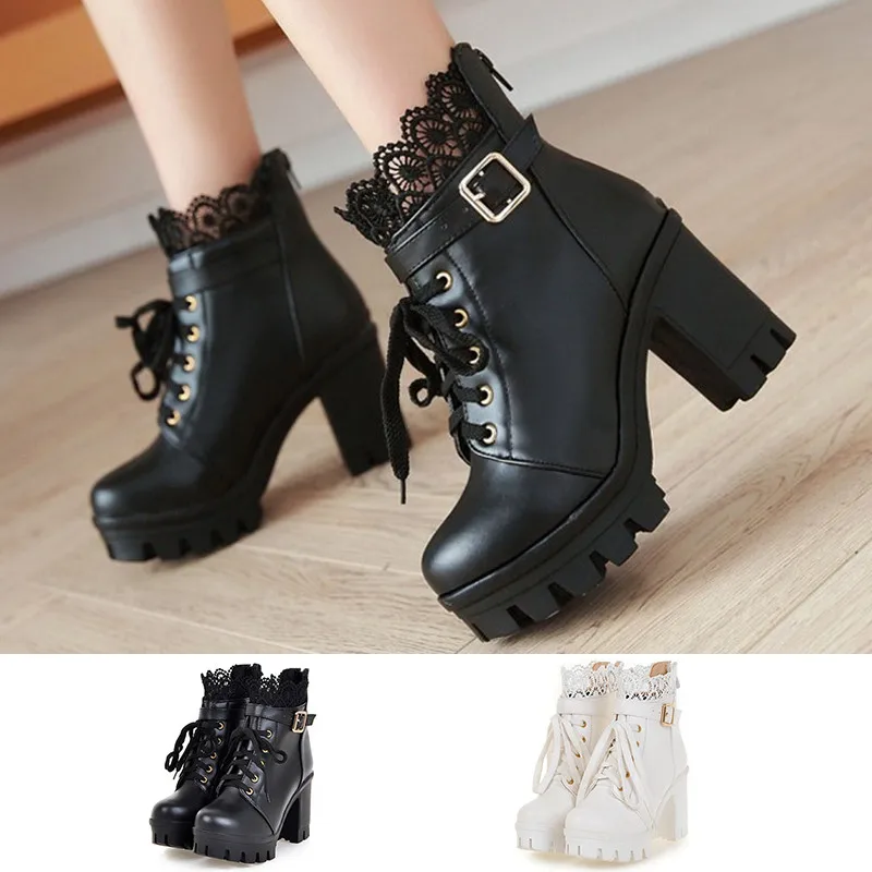 

Sexy Lace Women Motorcycle Boots Plus Size Black White Ankle Boots Round Toe Platform Shoes Punk Buckle Outdoor Boots For Female