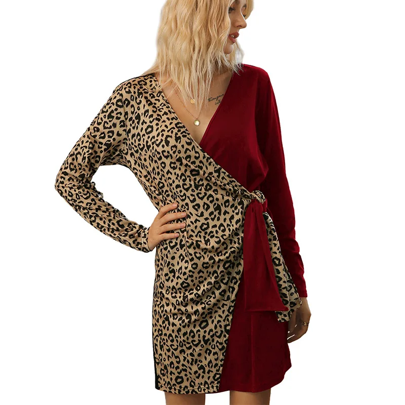

Dresses 2021 New European and American Women's Long-Sleeved V-neck Leopard Splicing Dress