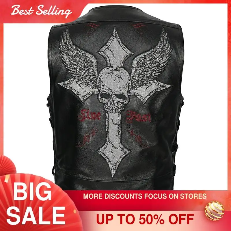 2021 винтажный черный мужской Байкерский кожаный жилет с вышивкой черепов размера