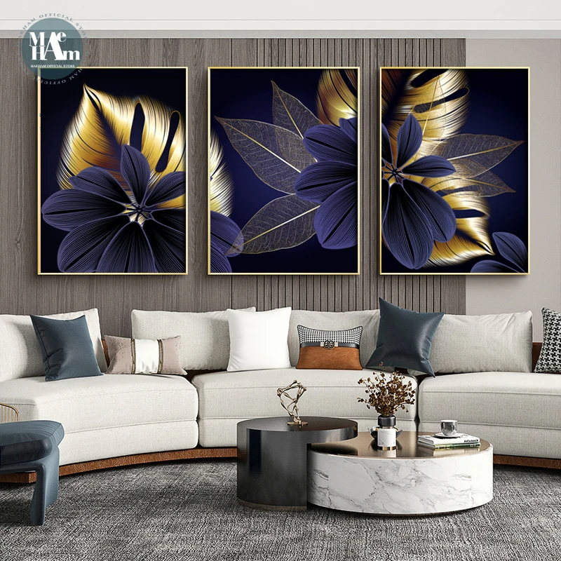 Фигурки листьев фиолетового и золотого растений холст плакат современный