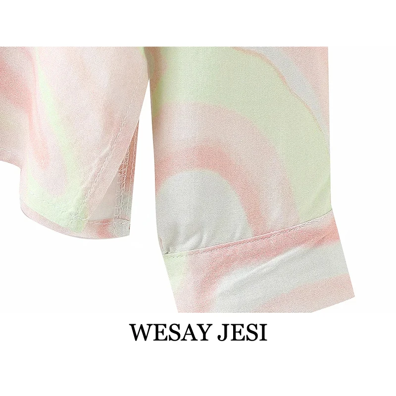 

WESAY JESI Womens Clothing Za Blouses Fashion Casual Notched Blouse Single Breasted Long Sleeve Light Tie Dye Print Chic Top