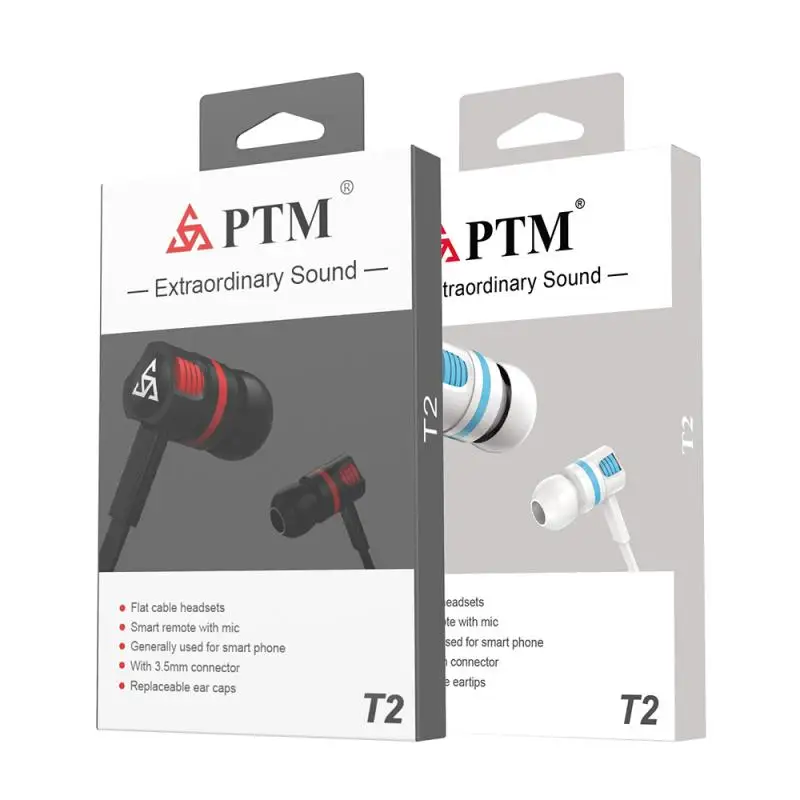 

1PC In-ear Headphones PTM T2 Earphones Universal Bass Stereo Sound Noise Reduction Earphone With Microphone Hands-free Calling