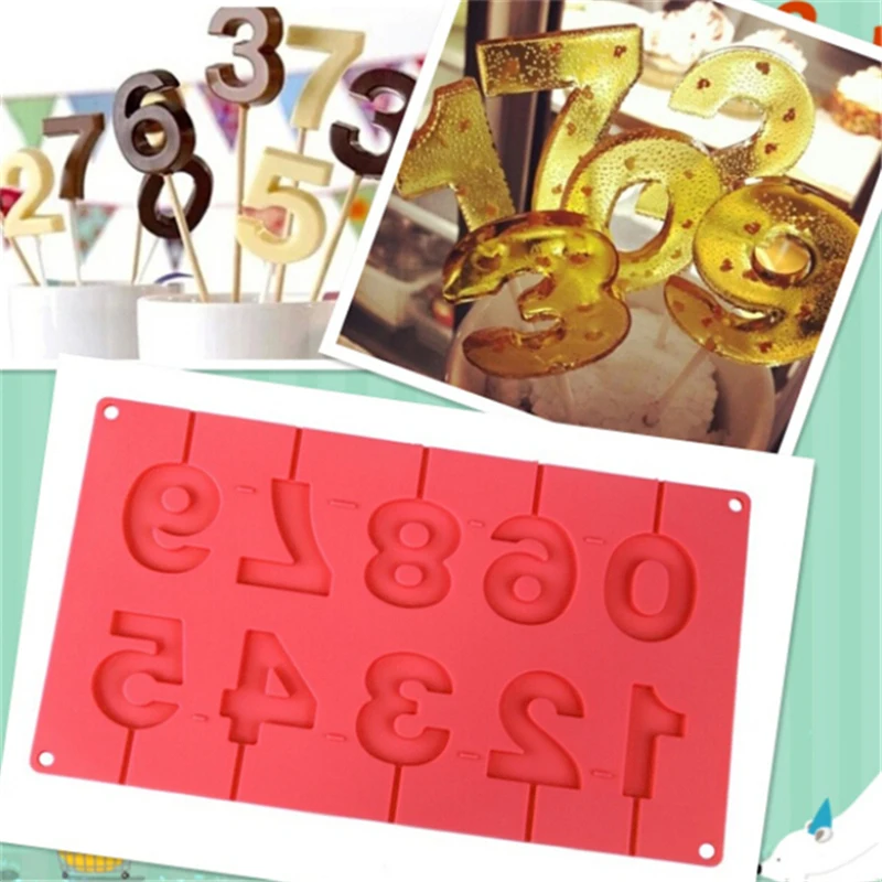 

0-9 Numbers Shape Lolli Silicone Mold 3D Hand Made Sucker Sticks Chocolate Cake Jelly Candy Mold With Sticks Party Decoration