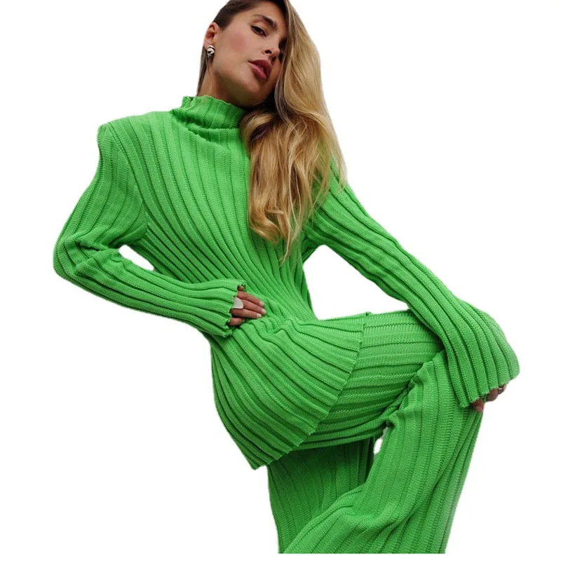 Модный трикотажный костюм в рубчик новинка 2021 свитер с длинным рукавом и штаны