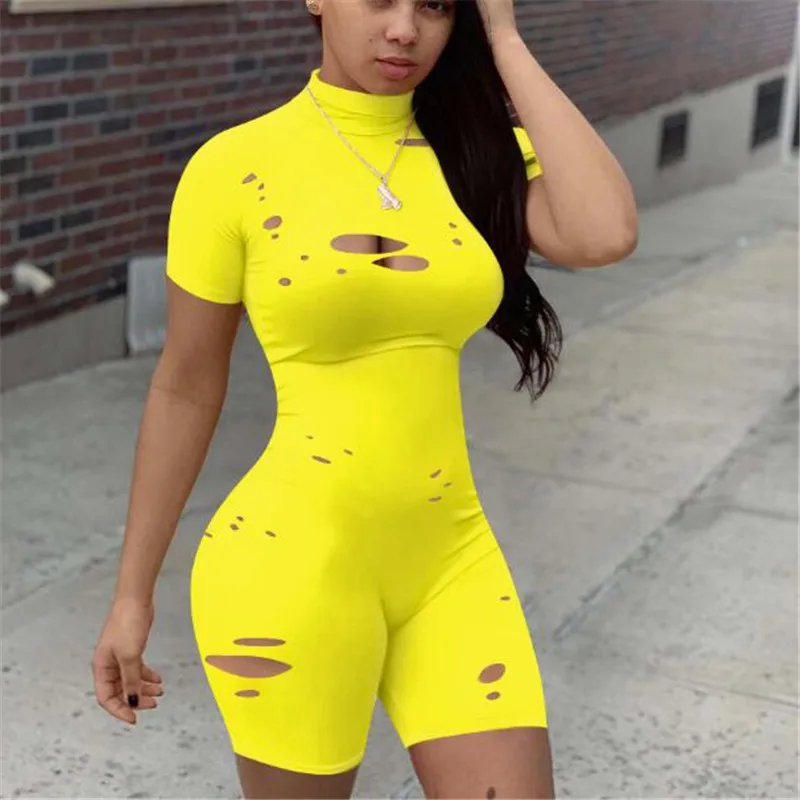 

Women Hollow Out One-piece Short Jumpsuit Summer Short Sleeve High Collar Bodysuit Shorts Sexy Skinny Slimming Romper Sportswear