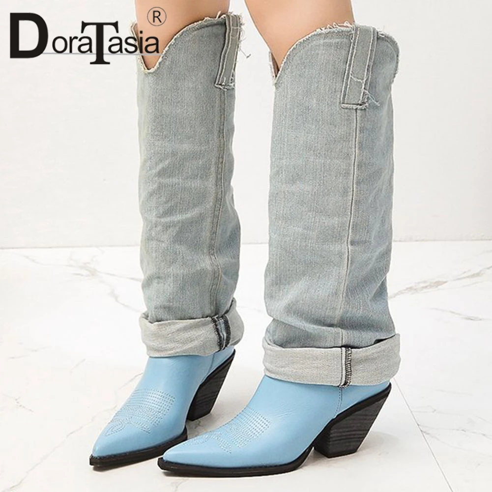 Женские однотонные ботинки до середины икры DORATASIA с острым носком брендовая