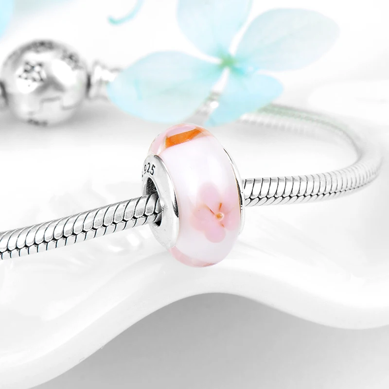 100% Аутентичные Стерлинговое Серебро 925 пробы оранжевые розовые цветы муранские