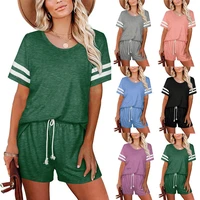 2021 new striped womens two piece round neck short sleeve striped t shirt shorts set