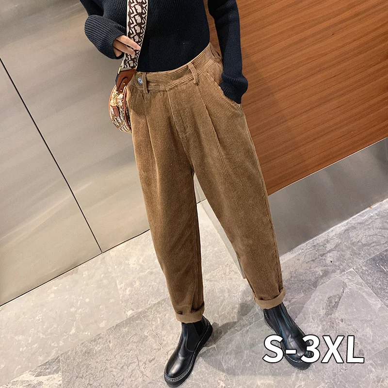 Winter Corduroy Pants Women Autumn High Waist Pockets Trousers Women Plus Size Streetwear Harem Pants Pantalon Femme