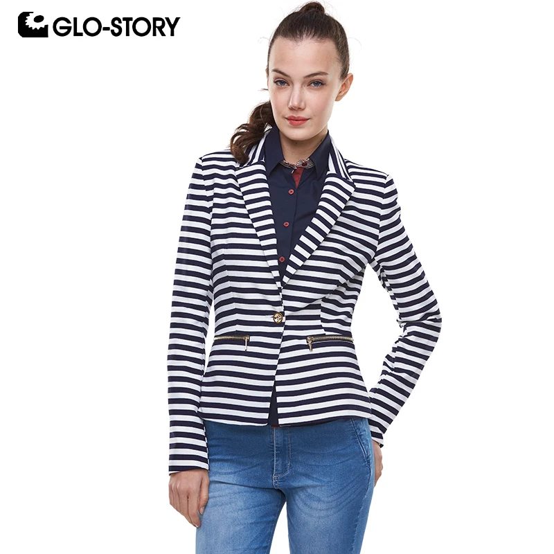 

GLO-STORY 2018 Spring Slim Women Coat Striped Women Jacket Long Sleeve One Button Suit Ladies Work Wear Blazers WXZ-1052
