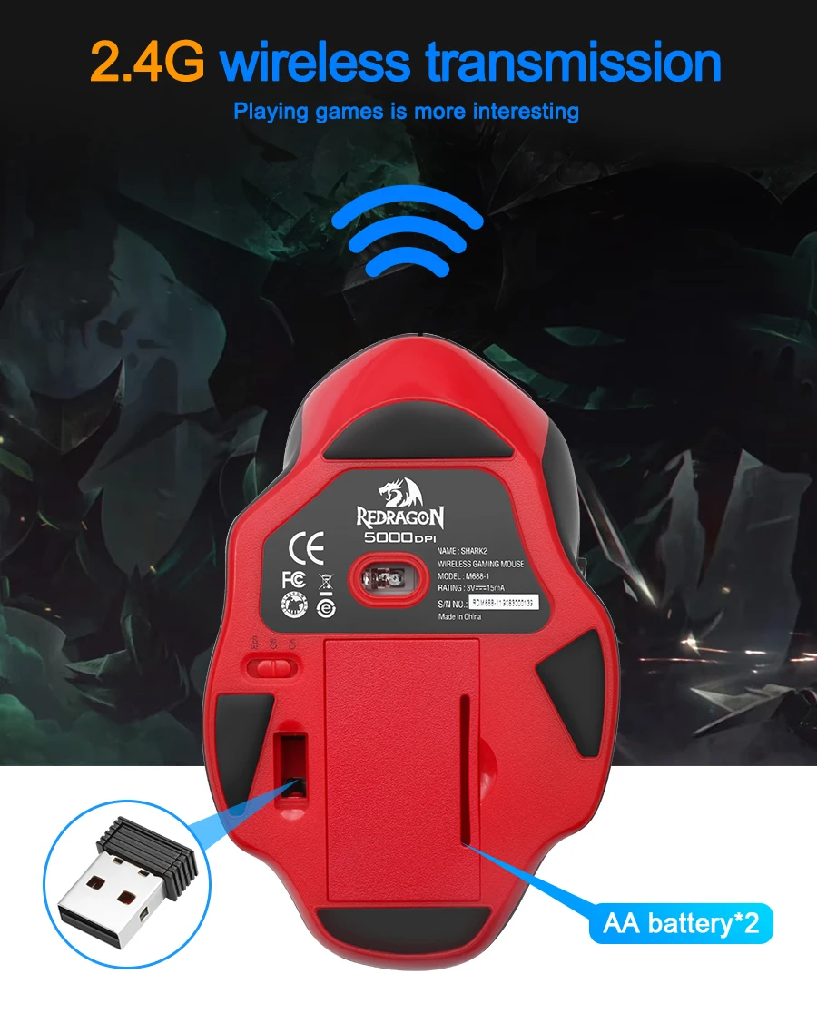 Redragon SHARK M688 Беспроводная программируемая игровая мышь 5000 dpi 10 кнопок эргономичная для overwatch геймерская мышь для ноутбука ПК компьютера