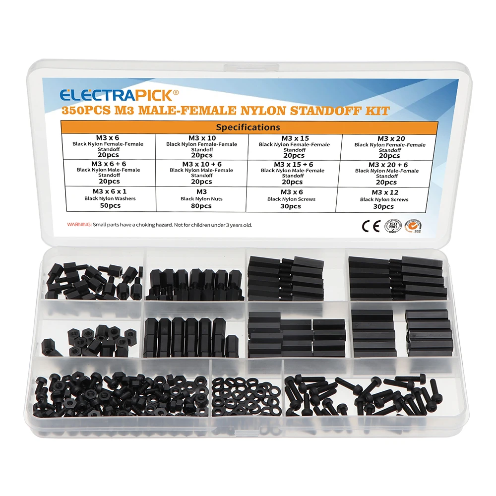 

Шестигранные винты Electrapick M3, черные, нейлоновые, пластиковые, с двойным проходом, 350 шт.