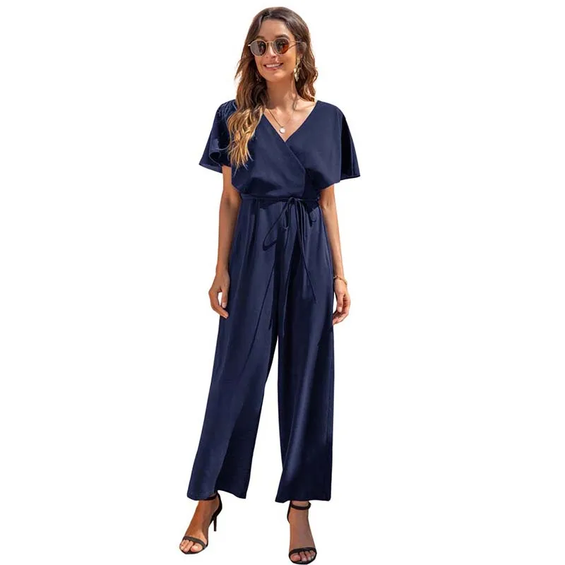 

Solid Color Short Sleeve High Waist Bandage Rompers Women Casual Loose V Neck Elegant Streetwear Ladies Straight Jumpsuits