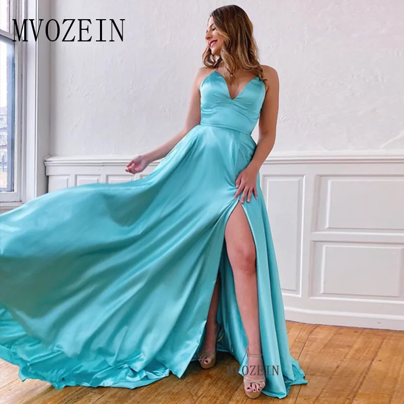

New Listing Elegant Long Prom Dresses Satin A-Line V-Neck Floor Length Prom Dress Backless Split Party Gowns vestido-de-festa