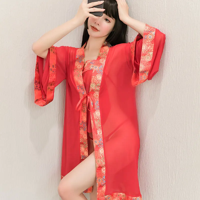

New Sexy Underwear Red Ancient Kimono Style Palace Belly Pocket Sexy Uniform Robe Temptation Pajamas Suit Japanese Lingerie