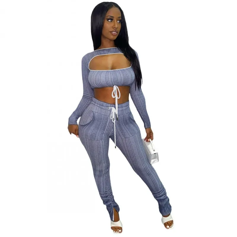 

Two Piece Pant Suits Sets Women Hollow Out Short Crop Tops Outfits Fashion Striped Print Skinny Sexy Club Wear Matching Set 2022
